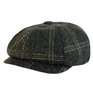 McCook Green Plaid Wool Newsboy Cap boater hat with bow in beach sunlight