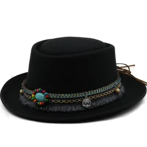 Melnik Bohemian Porkpie Hat stylish boater hat with ribbon on model