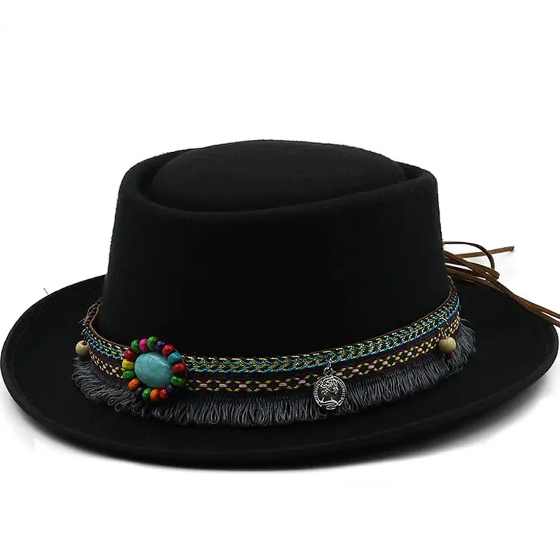Melnik Bohemian Porkpie Hat stylish boater hat with ribbon on model