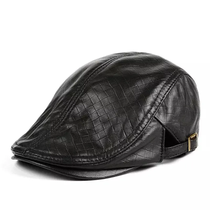 Melville Genuine Leather Duckbill Flat Cap boater hat with bow in beach sunlight