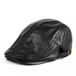 Melville Genuine Leather Duckbill Flat Cap boater hat with bow in beach sunlight