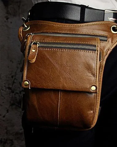 Mens Leather Biker Drop Leg Bag Waist Bag Belt Pouch Pack Side Bag for Men Vintage Brown