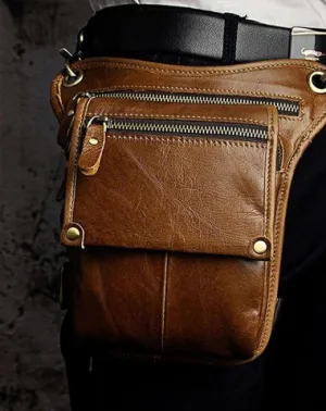 Mens Leather Biker Drop Leg Bag Waist Bag Belt Pouch Pack Side Bag for Men Vintage Brown