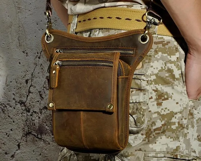 Mens Leather Biker Drop Leg Bag Waist Bag Belt Pouch Pack Side Bag for Men