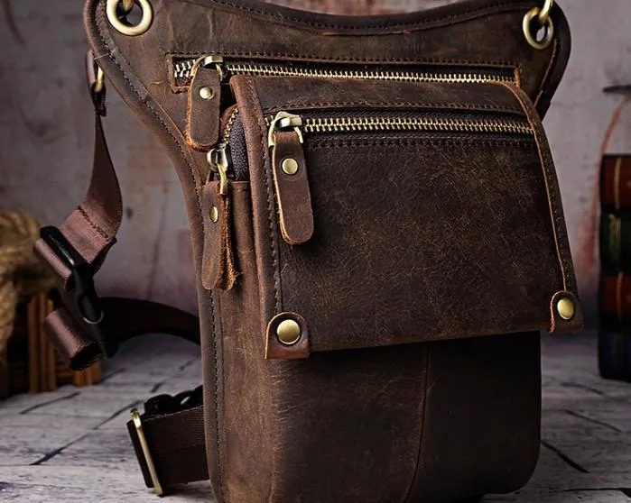 Mens Leather Biker Drop Leg Bag Waist Bag Belt Pouch Pack Side Bag for Men