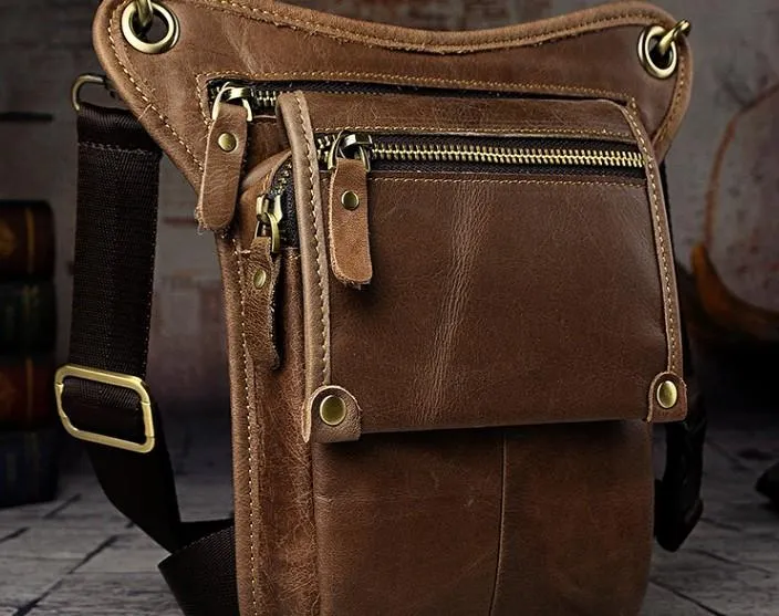 Mens Leather Biker Drop Leg Bag Waist Bag Belt Pouch Pack Side Bag for Men