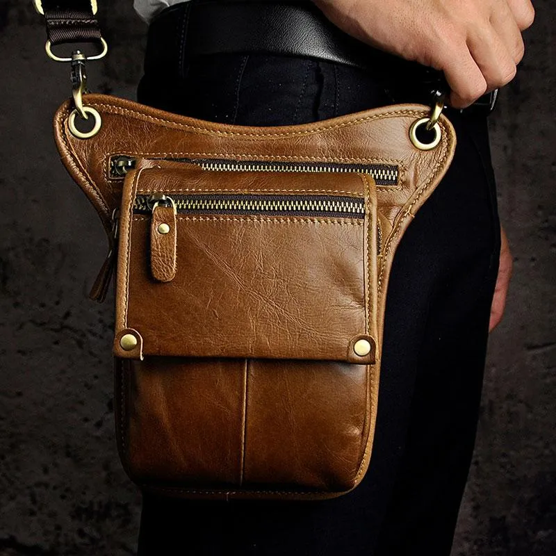 Mens Leather Biker Drop Leg Bag Waist Bag Belt Pouch Pack Side Bag for Men