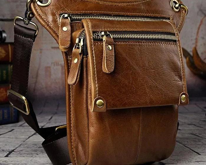 Mens Leather Biker Drop Leg Bag Waist Bag Belt Pouch Pack Side Bag for Men