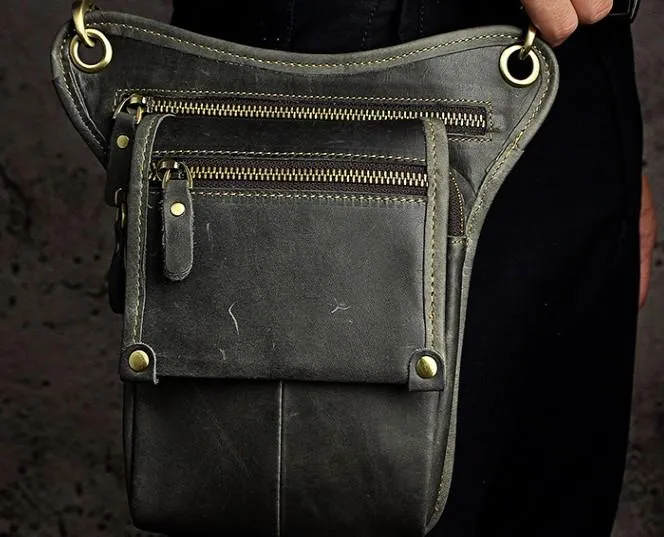 Mens Leather Biker Drop Leg Bag Waist Bag Belt Pouch Pack Side Bag for Men