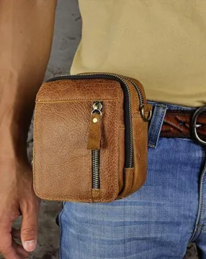Mens Leather Small Belt Pouch Side Bag Holster Belt Case Waist Pouch for Men Brown