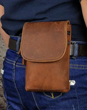 Mens Leather Small Belt Pouch Side Bag Waist Pouch Holster Belt Cases for Men Red Brown