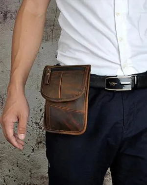 Mens Leather Small Belt Pouch Slim Side Bag Waist Pouch Holster Belt Case for Men Red Brown
