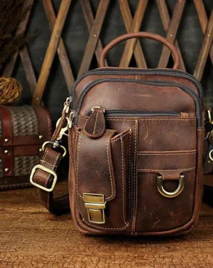 Mens Leather Small Side Bag COURIER BAG Waist Bag Holster Belt Case Belt Pouch for Men Vintage Coffee