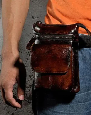 Mens Leather Small Side Bag Waist Pouch Holster COURIER BAG Belt Case Belt Pouch for Men Vintage Coffee