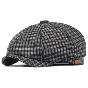 Mesina Plaid Cotton Newsboy Cap boater hat with bow in beach sunlight