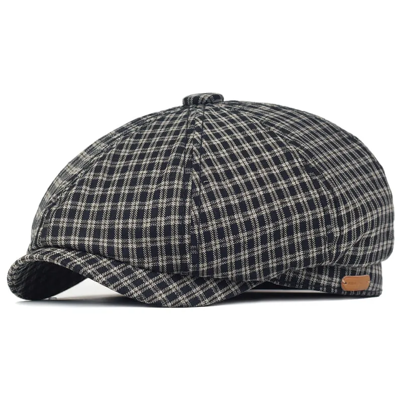 Mesina Plaid Cotton Newsboy Cap boater hat with bow in beach sunlight