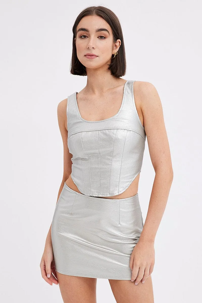 Metallic Mini Skirt Mid Rise PU Faux Leather Silver,skirt,denim skirt,mini skirt,maxi skirt,jean skirt,skort,tennis skirt,pleated skirt,pencil skirt,bubble skirt,plisse skirt,fitted skirt,midi skirt,short skirt,short mini skirt,leather skirt,a line skirt