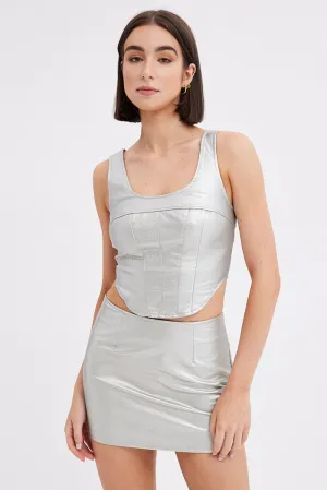 Metallic Mini Skirt Mid Rise PU Faux Leather Silver,skirt,denim skirt,mini skirt,maxi skirt,jean skirt,skort,tennis skirt,pleated skirt,pencil skirt,bubble skirt,plisse skirt,fitted skirt,midi skirt,short skirt,short mini skirt,leather skirt,a line skirt
