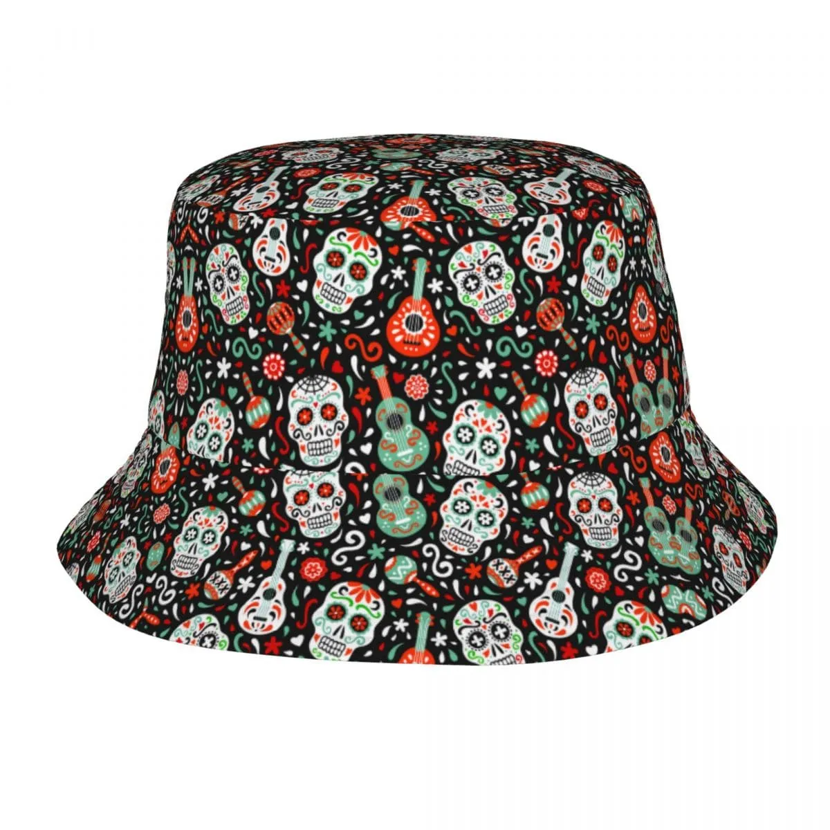 MEX Skulls & Guitars Bucket Hat boater hat with bow in beach sunlight