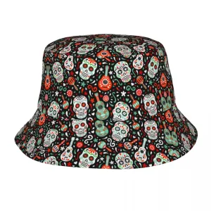 MEX Skulls & Guitars Bucket Hat boater hat with bow in beach sunlight