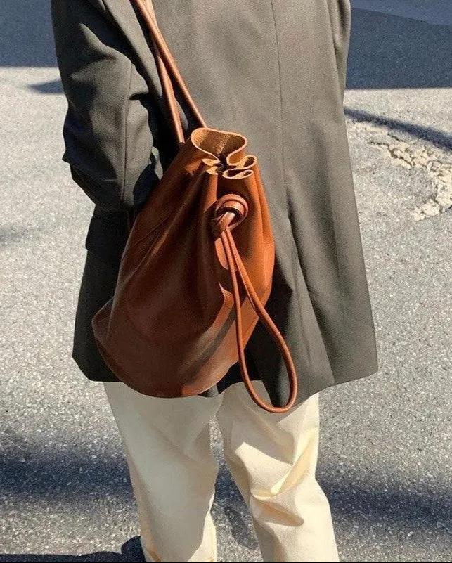 Minimalist Leather Drawstring Bucket Bag, 3 in 1 Cowhide Leather Bucket Backpack, Women Shoulder Bag, Designer Tote Bag, Gift For Her/Him bucket bags for sale