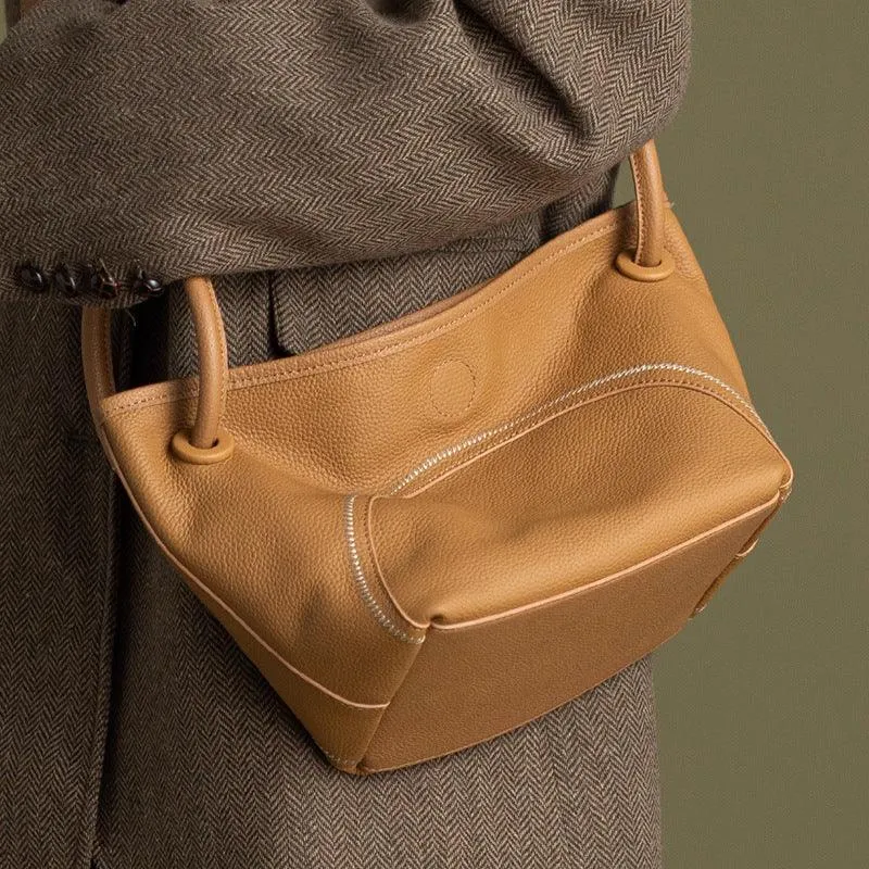 Minimalist Pebbled Leather Bucket Bag for Women, Soft Genuine Leather Slouchy Shoulder & Crossbody