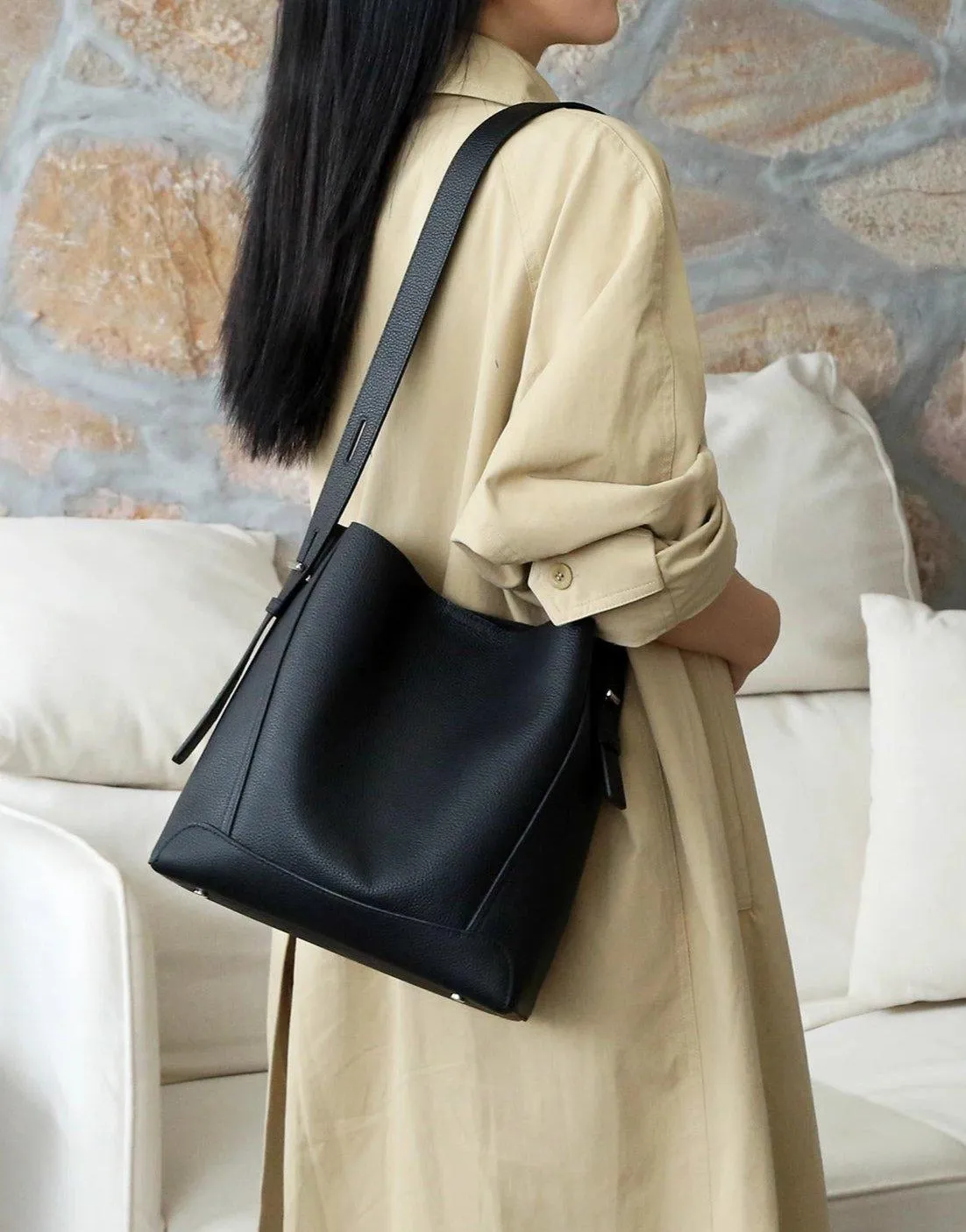 Minimalist Pebbled Leather Bucket Bag | Handcrafted Genuine Leather Shoulder Bag, Chic Crossbody Bag, Gift for Her