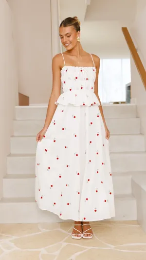 Misty Maxi Dress - White / Red Floral,prom dresses,wedding guest dresses,homecoming dresses,bridesmaid dresses,cocktail dresses,women clothing,summer dresses,formal dresses,sundresses,mother of the bride dresses,quince clothing,bodycon dress,dress casual,d