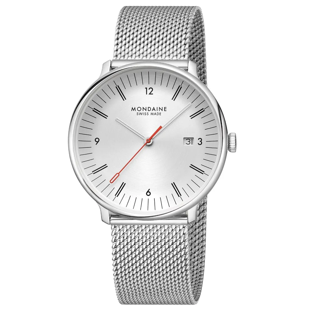 Mondaine Doppio 41mm White Dial Silver Mesh Bracelet Watch MLE.41210.SM 