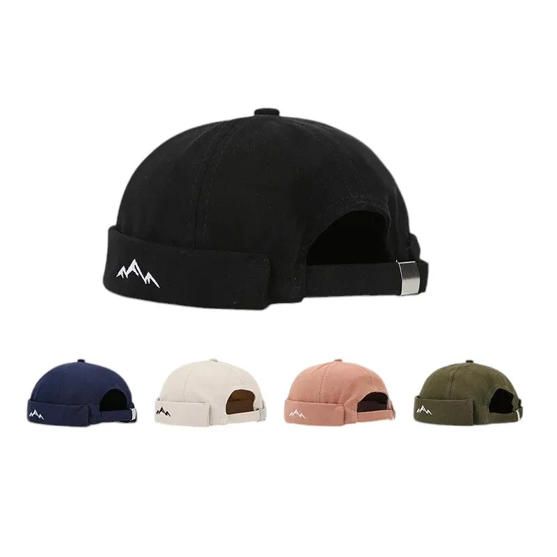 Mountain Silhouette Cotton Docker Cap boater hat with bow in beach sunlight