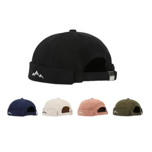 Mountain Silhouette Cotton Docker Cap boater hat with bow in beach sunlight