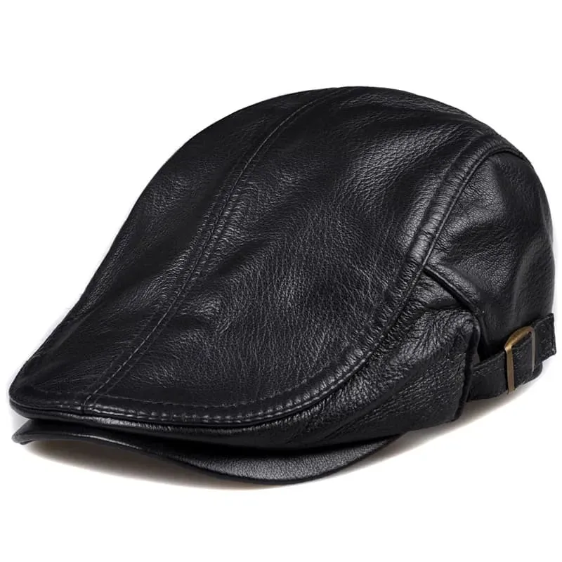 Mulholland Genuine Leather Duckbill Flat Cap stylish boater hat with ribbon on model