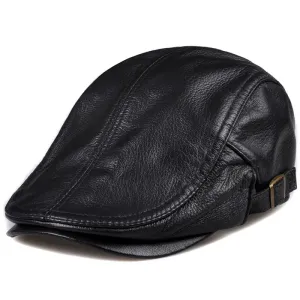 Mulholland Genuine Leather Duckbill Flat Cap stylish boater hat with ribbon on model