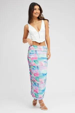 Multi Abstract Midi Skirt Side Ruched Mesh,skirt,denim skirt,mini skirt,maxi skirt,jean skirt,skort,tennis skirt,pleated skirt,pencil skirt,bubble skirt,plisse skirt,fitted skirt,midi skirt,short skirt,short mini skirt,leather skirt,a line skirt,Split skir