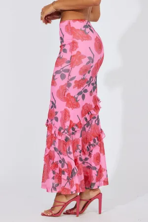 Multi Floral Maxi Skirt Mesh Asymmetric Ruffle,skirt,denim skirt,mini skirt,maxi skirt,jean skirt,skort,tennis skirt,pleated skirt,pencil skirt,bubble skirt,plisse skirt,fitted skirt,midi skirt,short skirt,short mini skirt,leather skirt,a line skirt