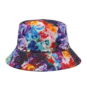 Multicolor Flames Bucket Hat boater hat with bow in beach sunlight