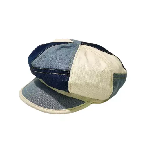 Multicolor Patchwork Denim Newsboy Cap boater hat with bow in beach sunlight
