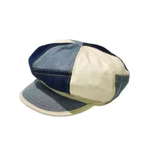 Multicolor Patchwork Denim Newsboy Cap boater hat with bow in beach sunlight