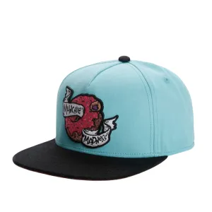 Munchie Madness Blue Snapback Cap boater hat with bow in beach sunlight