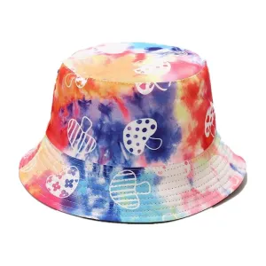 Mushrooms Tie-Dye Bucket Hat boater hat with bow in beach sunlight