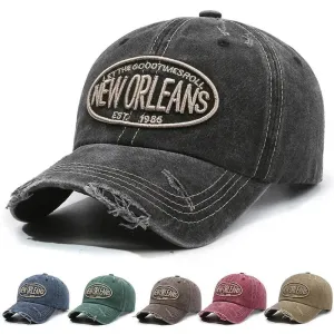 New Orleans Vintage Ripped Baseball Cap stylish boater hat with ribbon on model