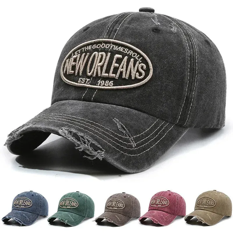 New Orleans Vintage Ripped Baseball Cap stylish boater hat with ribbon on model