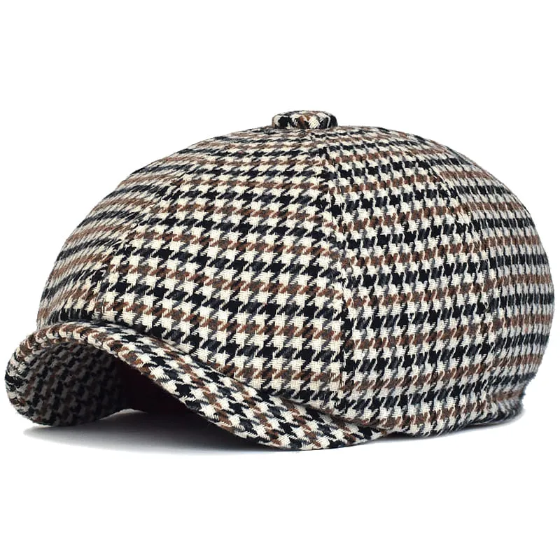 NH Houndstooth Wool Newsboy Cap stylish boater hat with ribbon on model