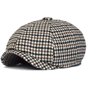NH Houndstooth Wool Newsboy Cap stylish boater hat with ribbon on model