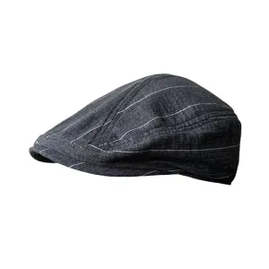 Noxville Gray Striped Linen Flat Cap boater hat with bow in beach sunlight