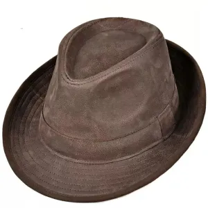 Nubuck Genuine Leather Trilby Hat boater hat with bow in beach sunlight