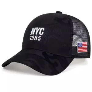 NYC 1985 Black Camouflage Trucker Cap boater hat with bow in beach sunlight