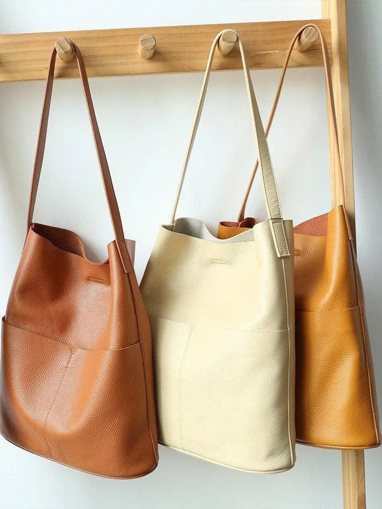 Oak Cowhide Leather Tote Bag ?? Women Handcrafted Soft Leather Bucket Bag ?? Minimalist Tote, Two Front Pockets Bag??Cloud Oslo Laptop Bag