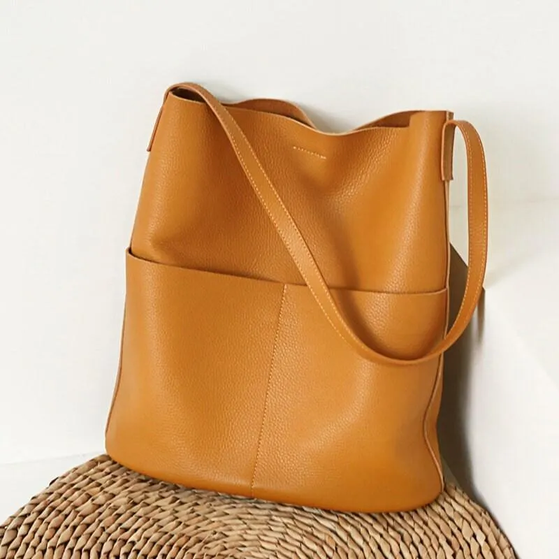 Oak Cowhide Leather Tote Bag ?? Women Handcrafted Soft Leather Bucket Bag ?? Minimalist Tote, Two Front Pockets Bag??Cloud Oslo Laptop Bag