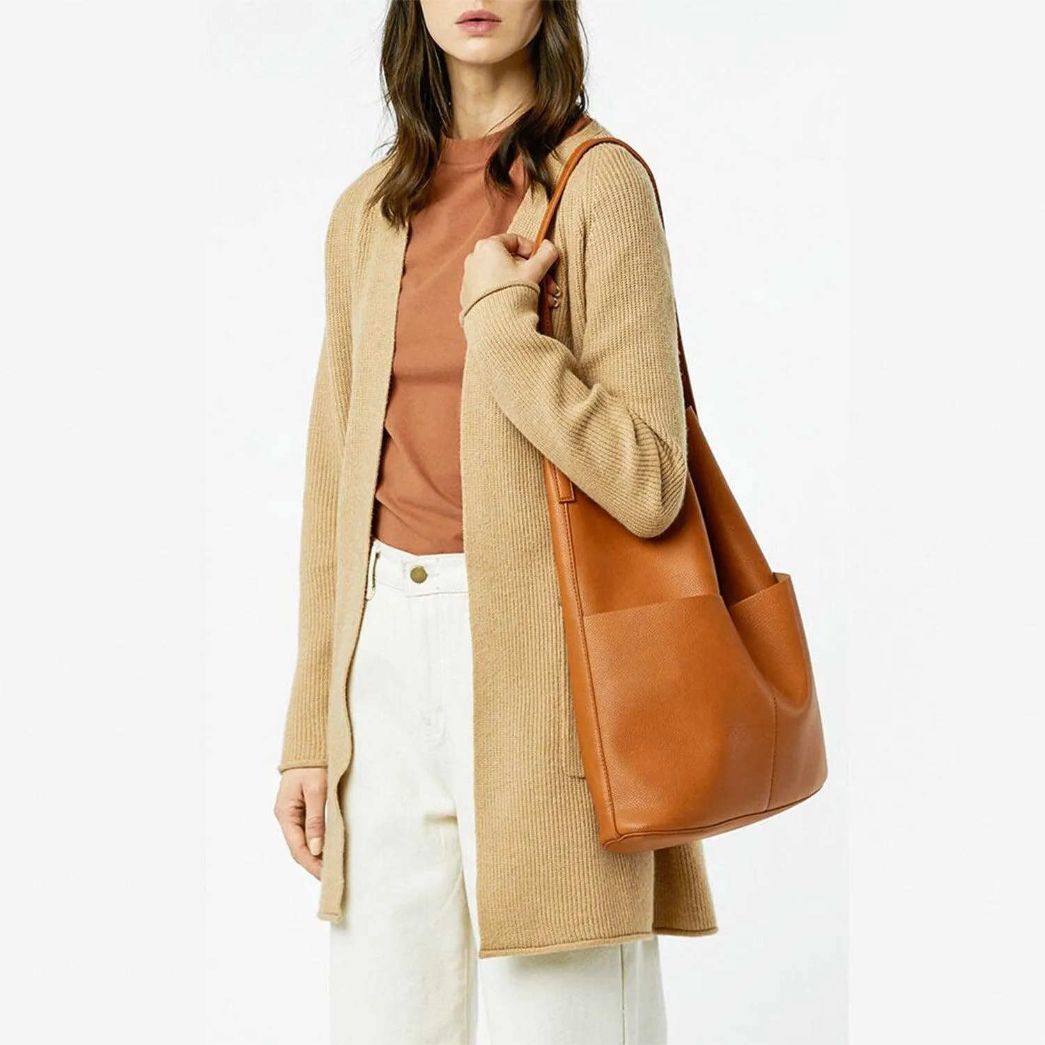 Oak Cowhide Leather Tote Bag ?? Women Handcrafted Soft Leather Bucket Bag ?? Minimalist Tote, Two Front Pockets Bag??Cloud Oslo Laptop Bag